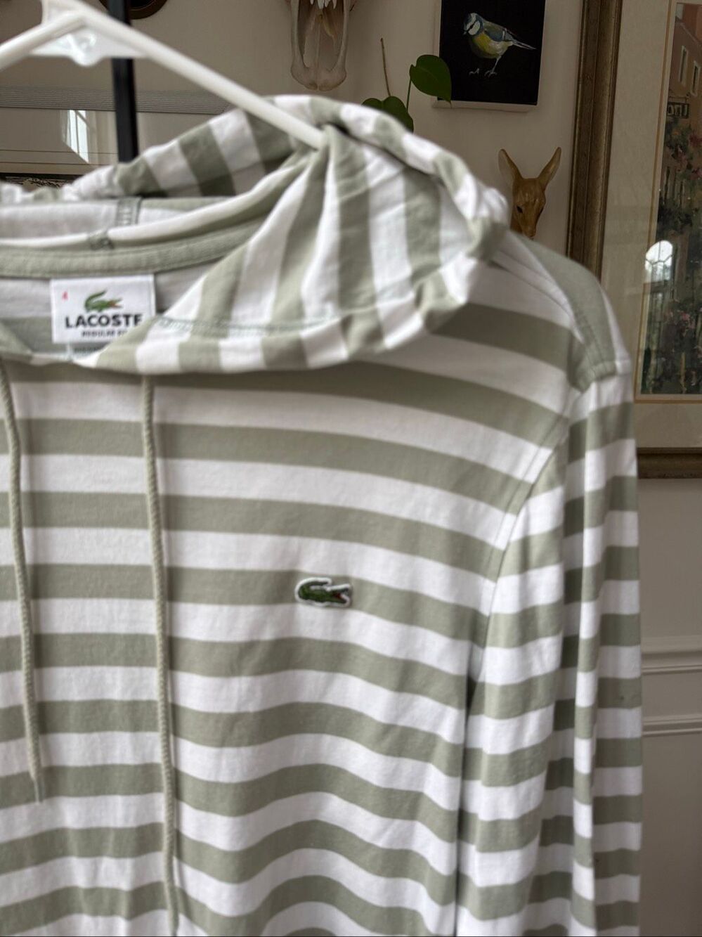 Lacoste Stripe Tshirt Hoodie Mens Size 4 S M Sage Green Striped Lightweight Pull